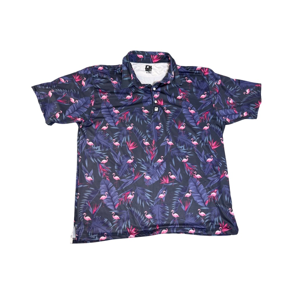 Greater Half Mens XL‎ Flamingo Tropical Print Performance Golf Polo Navy Blue